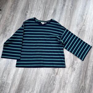 Chico's Wide Sleeve Top Women's Size 2 L Blue Green Striped Preppy Artsy Casual